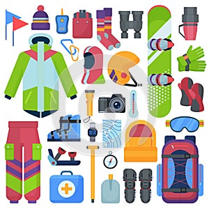 Mountain snowboarding equipment vector icons set isolated.