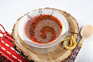 Mountain spinach or purple spinach soup. Romanian traditional