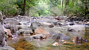 The mountain spring water is flowing softly