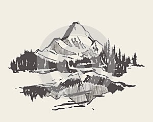 Mountain spruce forest lake man boat vector sketch