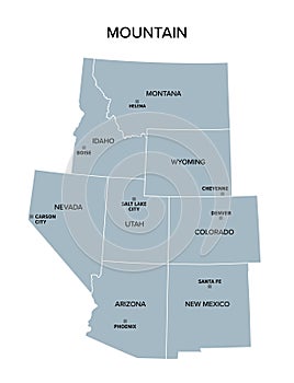 Mountain states in the West region of USA, gray political map