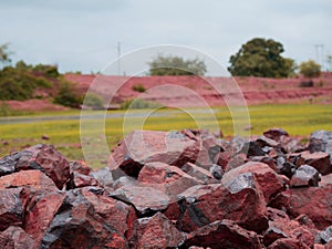 Mountain stone stock kept at grass nature field