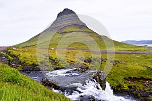 Mountain with strange shape and waterfall in the northen of Iceland Europe