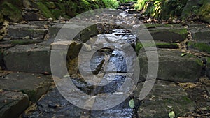 Mountain stream flowing down rocky ravine