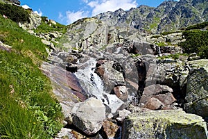 Mountain stream flowing out of Lake above Skok waterfall in Mlynicka valley.
