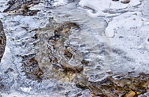 Mountain stream in the middle of ice, snow and rocks