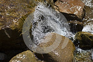 A mountain stream pours on the stones. Waterfall in the river. Rapids on the stream