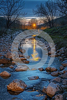 Mountain stream reflecting a beacon light, sapphire stones lining the bank, twilight, serene ambiance, wide angle, soft focus