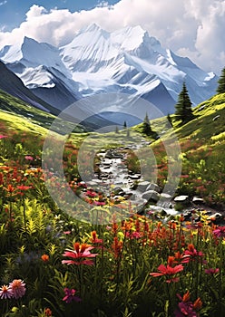 Mountain Stream Running Through a Wildflower and Snow Scene