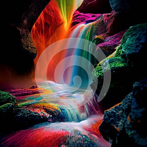 mountain stream with water shimmering with rainbow colors