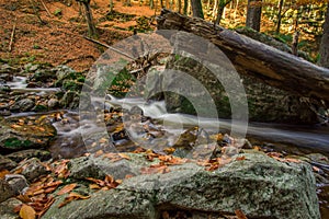 Mountain stream with waterfall in an autumn forest.