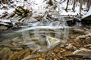 Mountain stream in winter scenery. Prowcza Stream, Bieszczady National Park, Carpathian Mountains, Poland. One of the most popular
