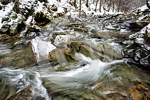 Mountain stream in winter scenery. Prowcza Stream, Bieszczady National Park, Carpathian Mountains, Poland. One of the most popular