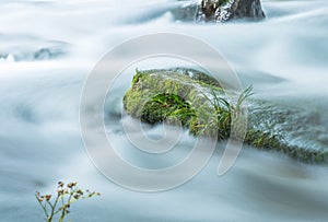 Mountain streams flowing water in the woods and atomized water