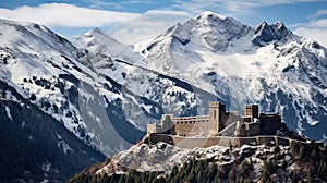 Mountain stronghold framed by snowy scenery