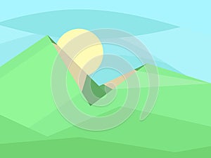 Mountain summer landscape. Green field and sun with blue sky in flat style. Typographic background for advertising, postcards,