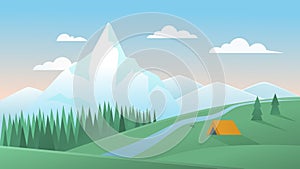 Mountain summer landscape vector illustration, cartoon flat peaceful mountainous nature scenery with tourist tent camp
