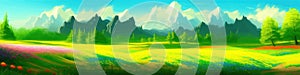 Mountain summer landscape vector illustration, cartoon mountainous natural