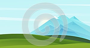 Mountain summer landscape vector illustration, cartoon mountainous natural simple scenery background with green grass