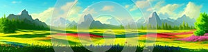 Mountain summer landscape vector illustration, cartoon mountainous natural