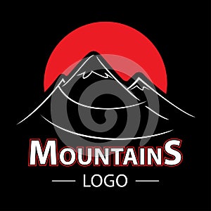 Mountain and Sun logo on black background, elegant mountain vector logo design. Vector illustration