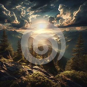 Mountain Sunrise - AI generated Illustration, realistic