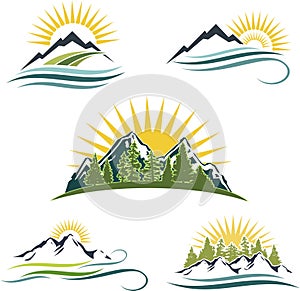 Montana amanecer naturaleza conjunto compuesto por iconos 
