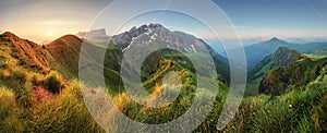 Mountain sunrise panorama in Dolomites, Passo Giau