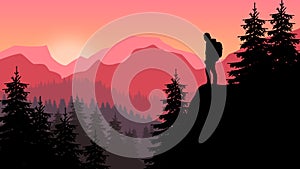 Flat Mountain sunset landscape. Realistic pine forest and mountain silhouettes, sunset ,silhouette of a mountaineer