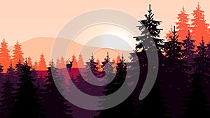 Flat illustration Mountain sunset landscape. Realistic pine forest and mountain silhouettes, sunset ,