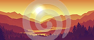 Mountain sunset landscape. Realistic pine forest and mountain silhouettes, evening wood panorama. Vector wild nature