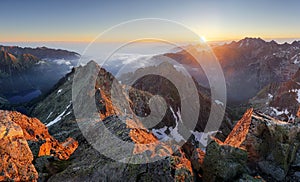 Mountain sunset panorama landscape in Tatras, Rysy, Slovakia