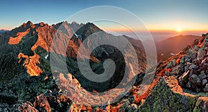 Mountain sunset panorama from peak - Slovakia Tatras