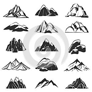 Mountain symbols. Silhouette mountains with range snow labels, abstract alpen hills. Hiking, exploring and camping photo