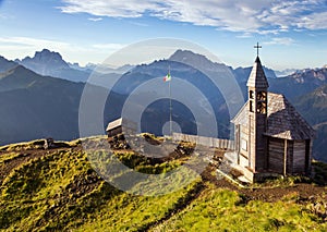 mountain top Col DI Lana with chapel and bivouac hut photo