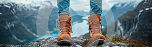 Mountain Top Rest: Woman Hiker Enjoying View of River Fjord from High Hill with Hiking Shoes - Adventure and Nature Landscape