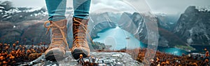 Mountain Top Rest: Woman Hiker Enjoying View of River Fjord from High Hill with Hiking Shoes - Adventure and Nature Landscape