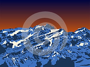 Mountain top sunset. Realistic vector landscape background. Hand-drawn image.