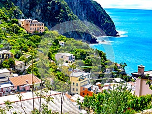 A mountain top view  from the  Riomaggiore village which is a small village in the Liguria region of Italy