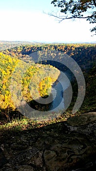 Mountain top view of the river and fall foliage below