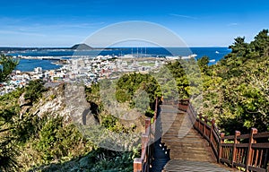 Mountain-top view of Seongsun Ilchubong, jeju, South Korea.