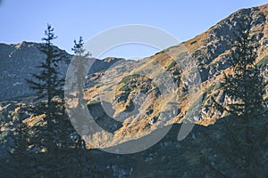 Mountain tops in autumn covered in mist or clouds in sunrise li