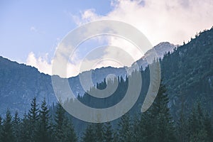 Mountain tops in autumn covered in mist or clouds - vintage ret