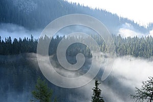 Mountain tops in autumn covered in mist or clouds