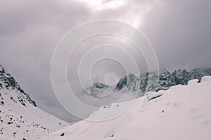 Mountain tops in winter covered in snow - vintage film look