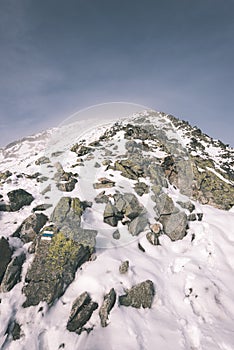 Vrcholy hôr v zime pokryté snehom - vzhľad vintage filmu