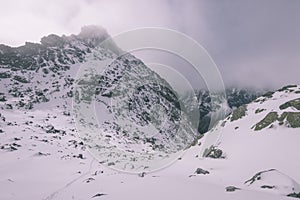 Mountain tops in winter covered in snow - vintage retro look