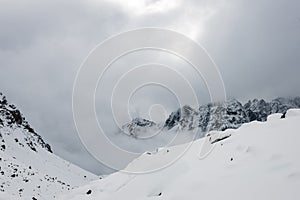 Mountain tops in winter covered in snow