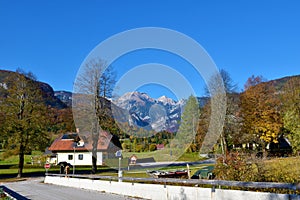 Mountain Tosc in Julian alps and Triglav national park viewed from Stara Fuzina village