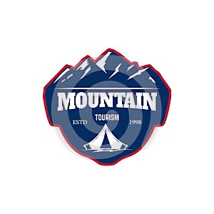 Mountain tourism. Emblem template with rock peak. Design element for logo, label, emblem, sign, poster